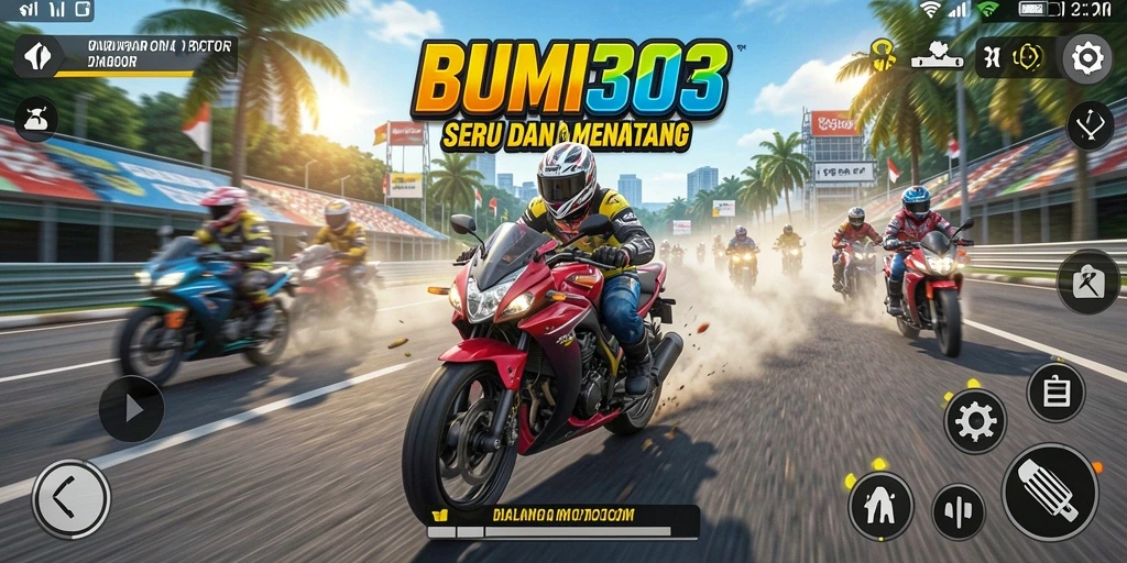 Gameplay seru dari BUMI303 saat balapan motor di trek.