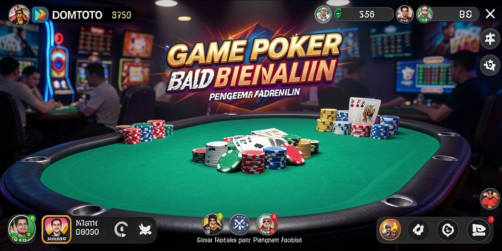 Tangkapan layar utama menunjukkan suasana bermain Poker yang menegangkan.