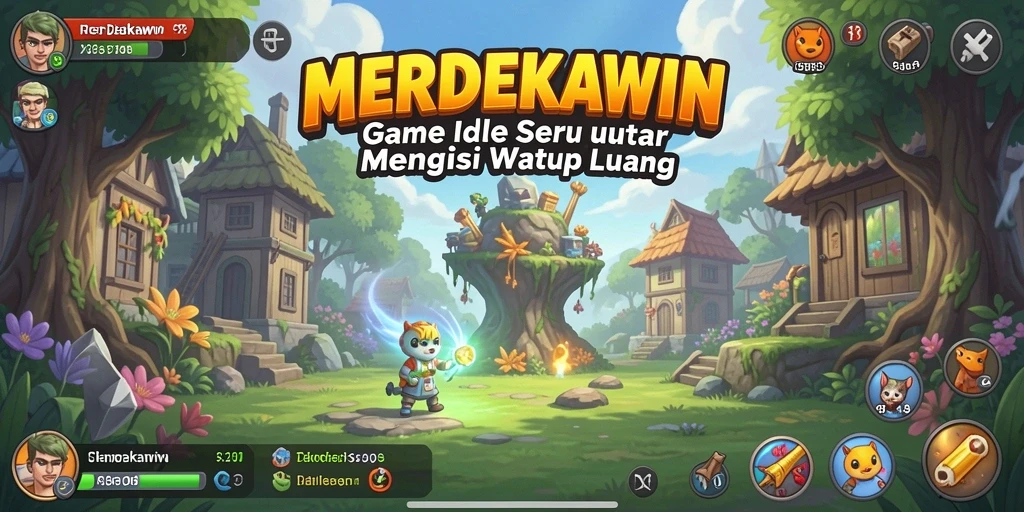 Tampilan gameplay <strong>MERDEKAWIN</strong> menunjukkan kemajuan karakter secara otomatis dalam suasana santai.