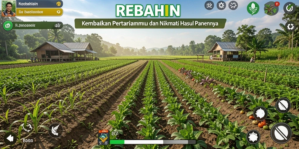 Screenshot gameplay REBAHIN menampilkan kebun subur dengan berbagai tanaman.