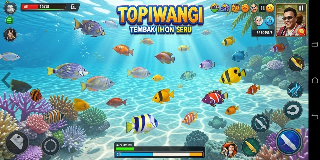 Screenshot gameplay seru dari TOPIWANGI dengan aksi menembak ikan.