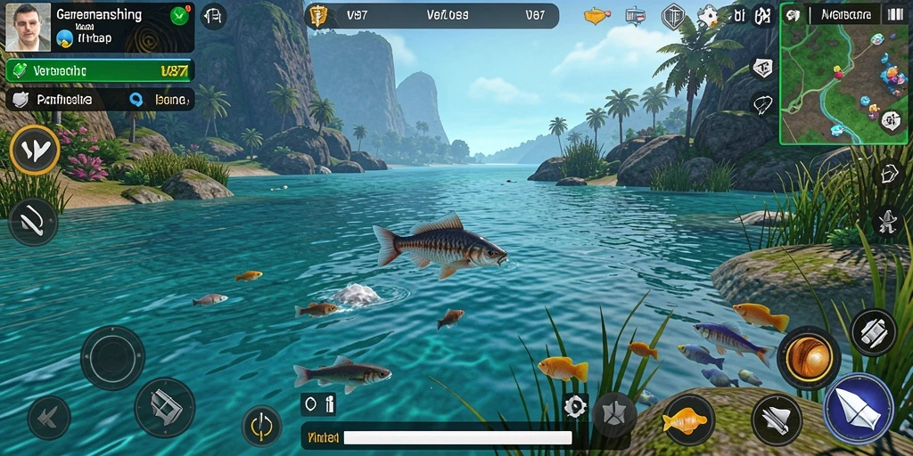Screenshot gameplay V87 yang menarik saat memancing di laut.